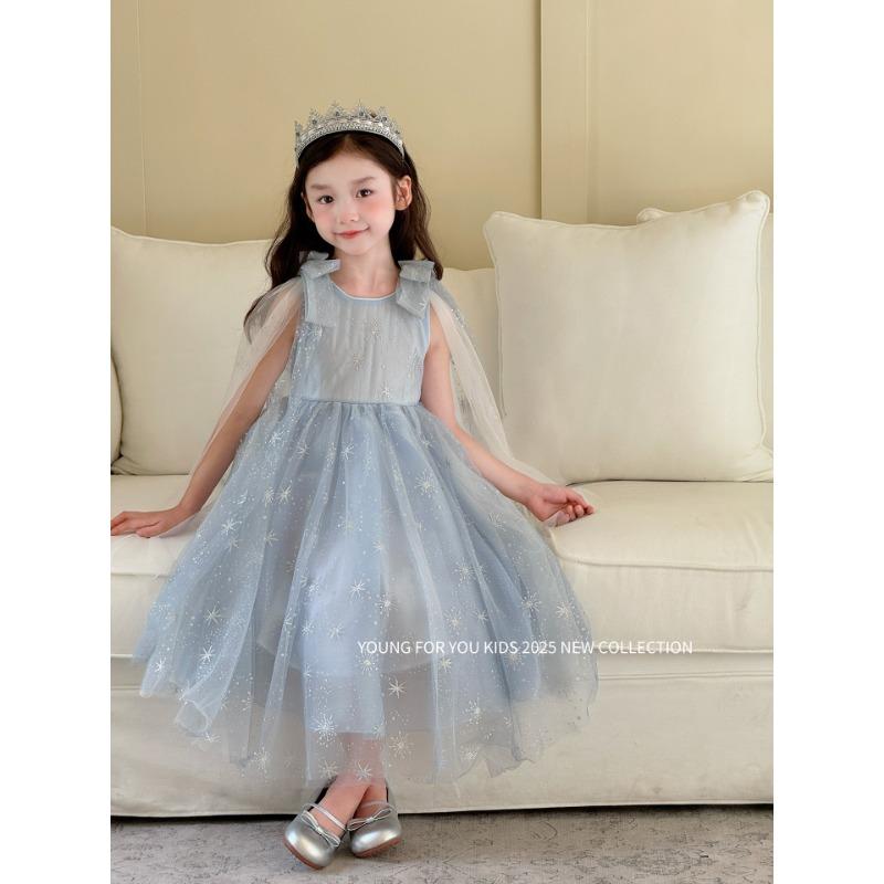 Kids Girls Short Sleeve Elsa Princess Bow Tulle Long Birthday Party Dress
