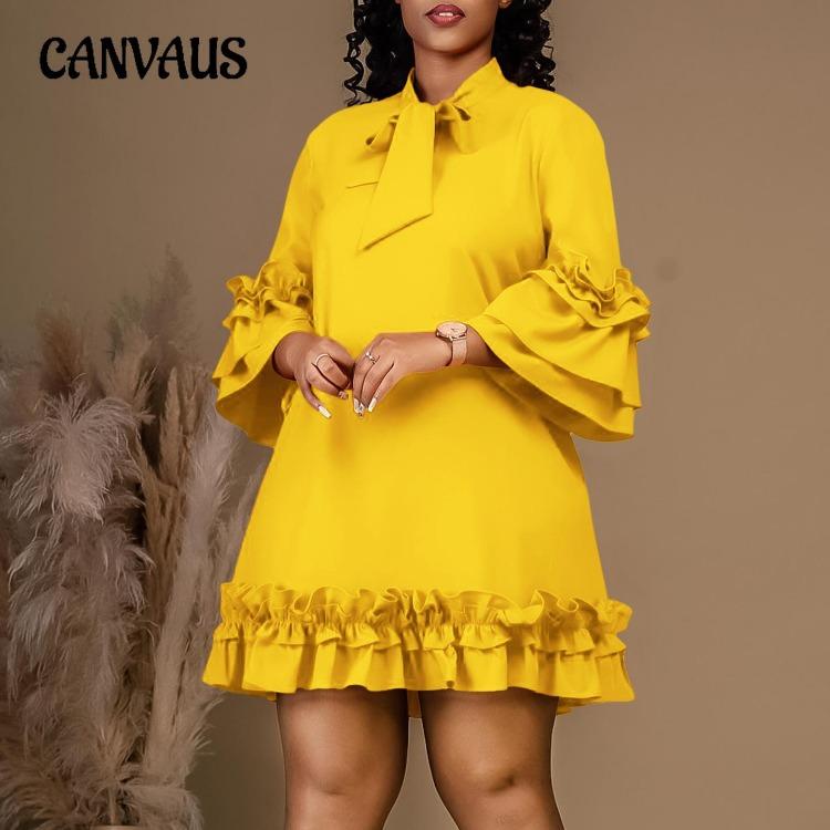 Plus Size Womens Dresses Spring Summer Casual Loose Ruffle Sleeve Tie Solid Color