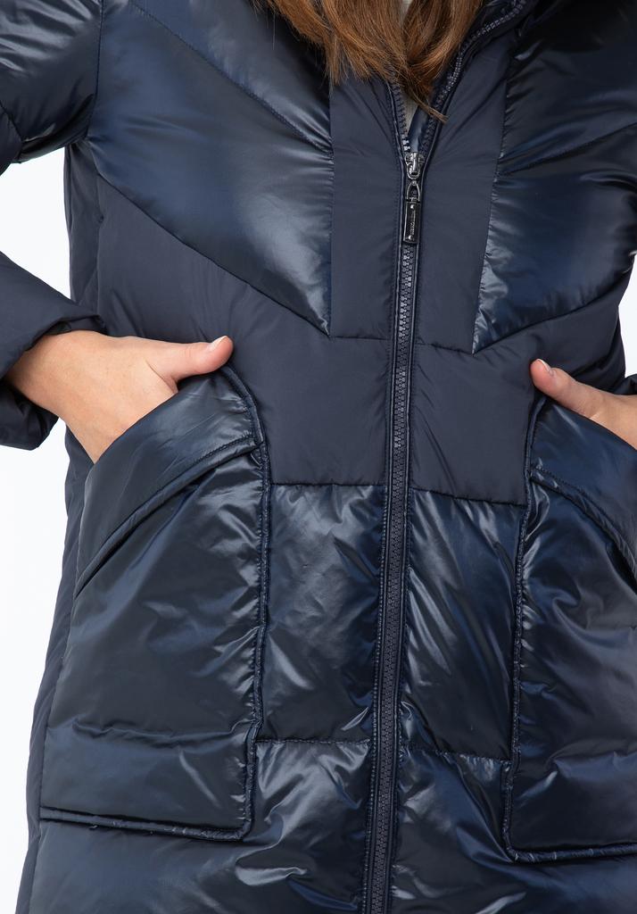 Wittchen Women's Down Coat In Combination Materials With Hood, Navy Blue, Navy Blue Nylon