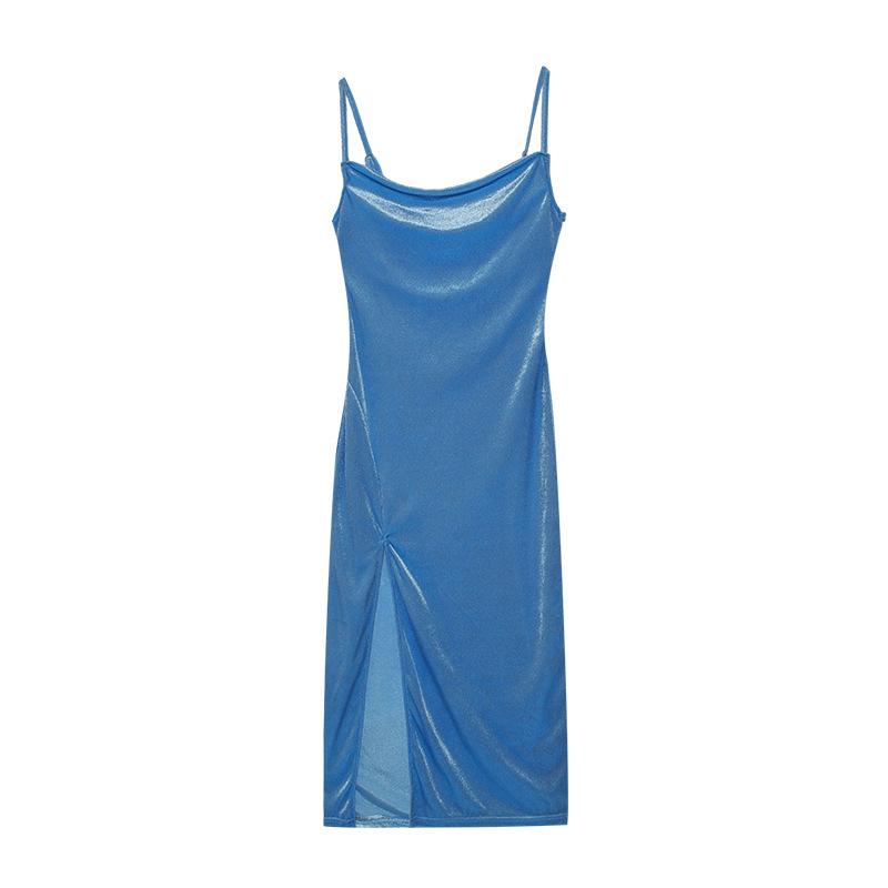 

Women s Spring Summer Sexy Velvet Spaghetti Strap Maxi Dress, Slim Fit High Slit Cowl Neck Evening Party Formal Cocktail Gown L світло-синій колір