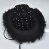 Feathered Trim Western Hat with Rhinestones Studded for Music Festival Cosplay Costume Headwear Carnivals Party Accessory