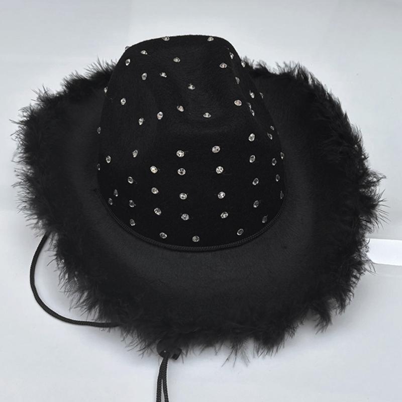 Feathered Trim Western Hat with Rhinestones Studded for Music Festival Cosplay Costume Headwear Carnivals Party Accessory