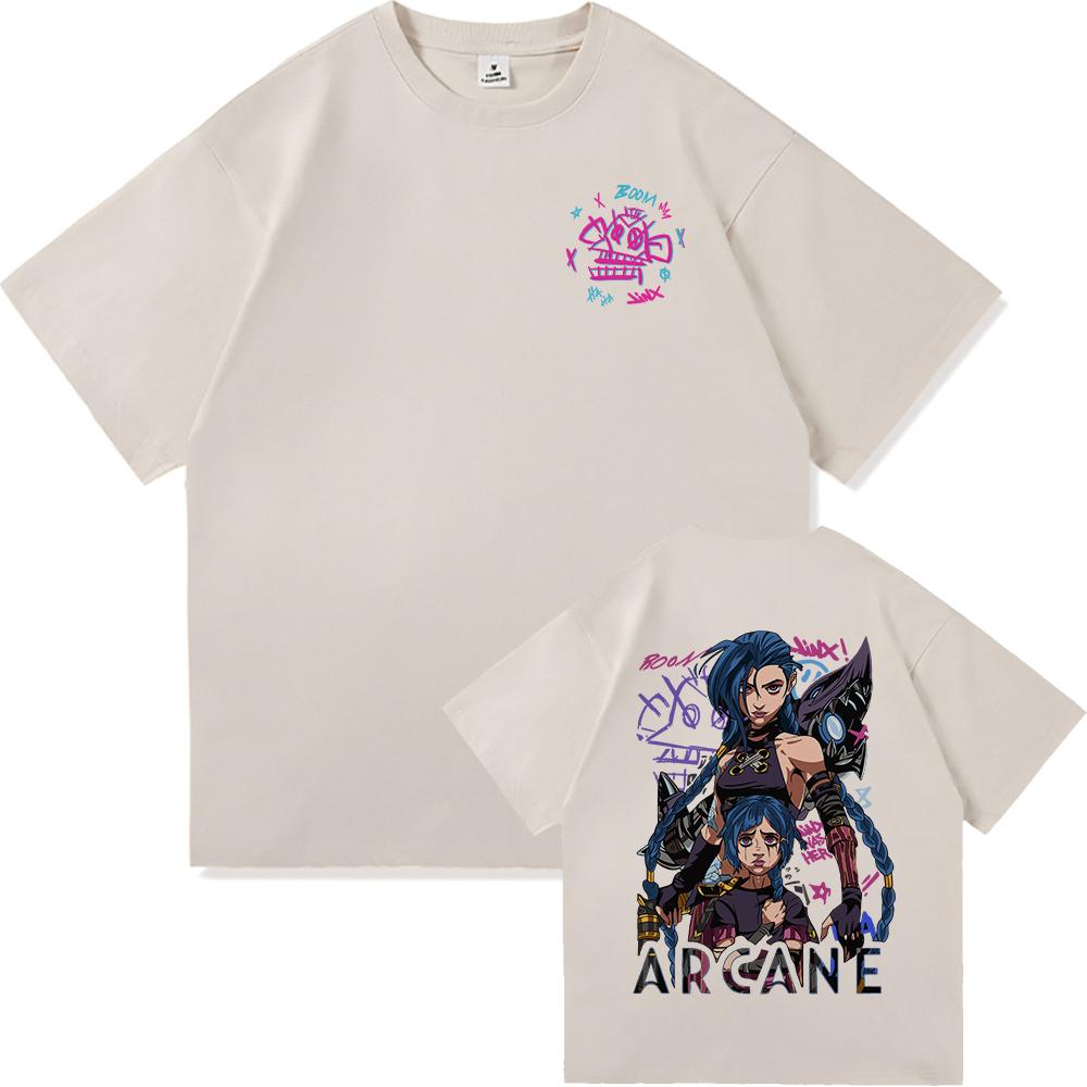 Arcane 2 T Shirts Fashion Men Harajuku Aesthetic Retro Anime Vi Jinx Tshirt Unisex High Quality Cartoon Vintage Cotton Tee Shirt