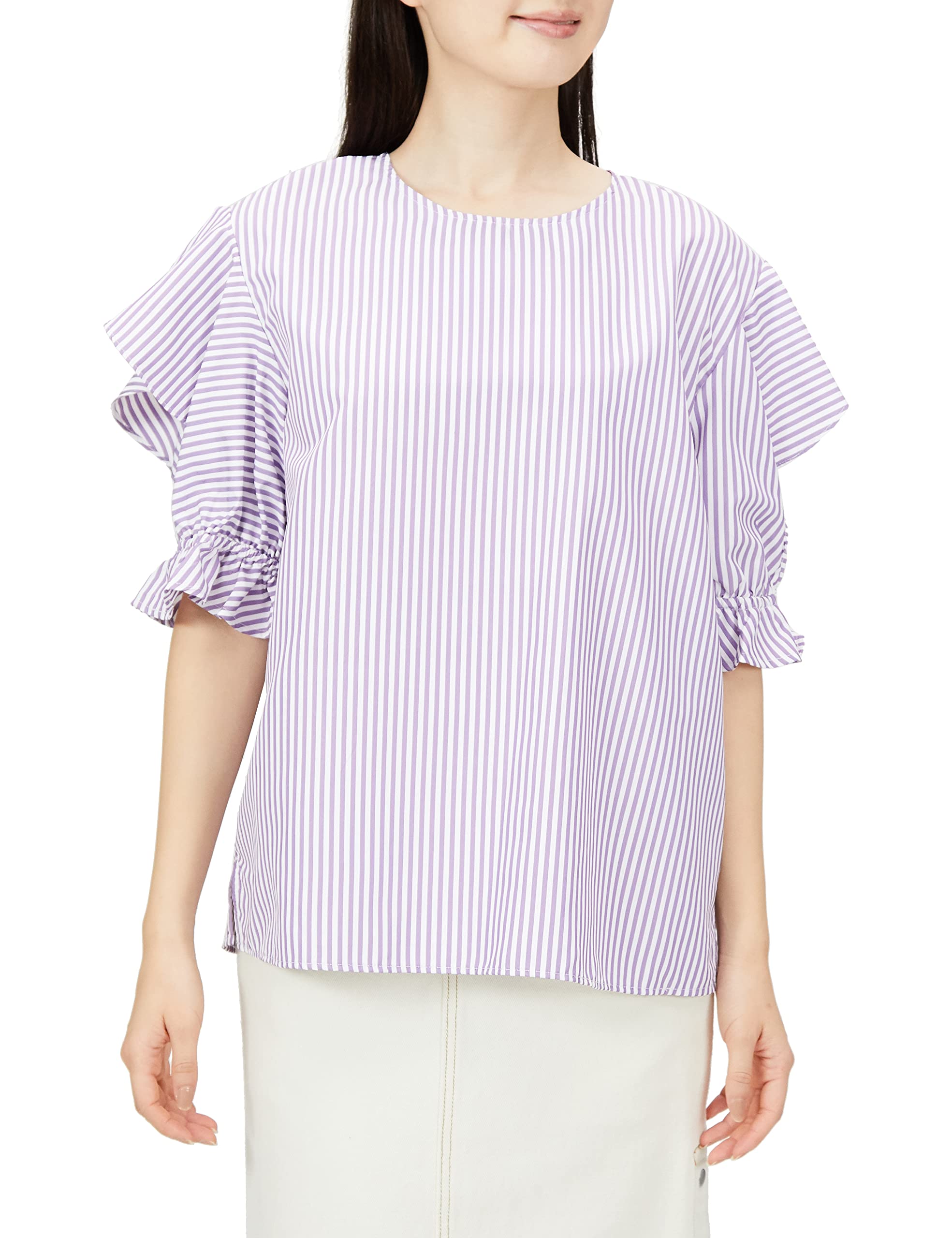 

N Natural Beauty Frill Sleeve Purple Size Size M Basic Women s Blouse, Stripe, 166-2210754,