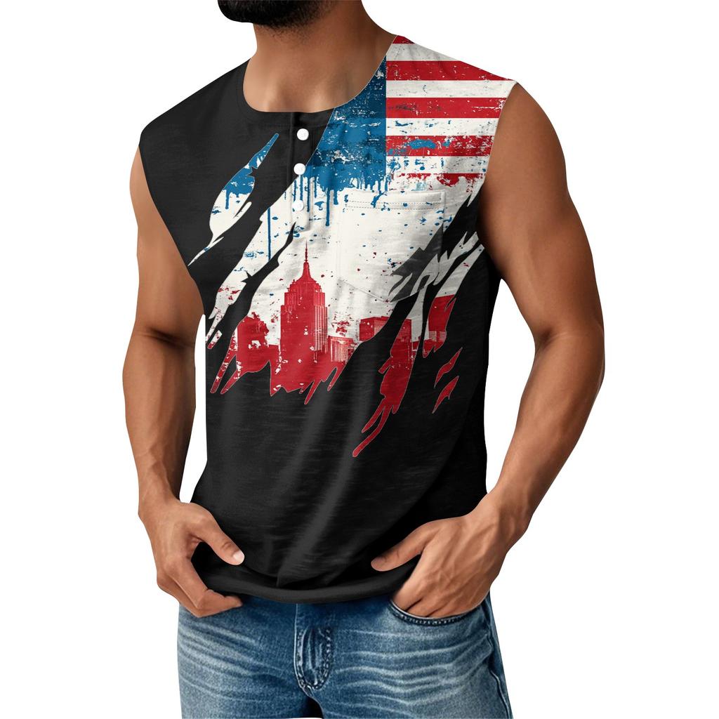 Men's Summer Independence Day Printed Sports Button Pocket Sleeveless Tank Top
