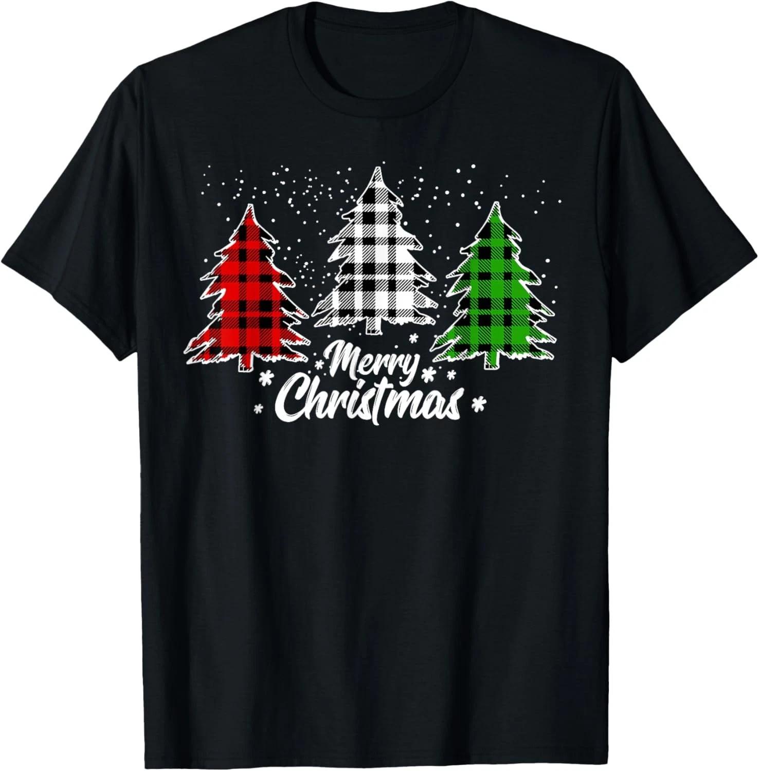 Merry Christmas Tree Xmas Buffalo Plaid Red White Green T- Shirt S