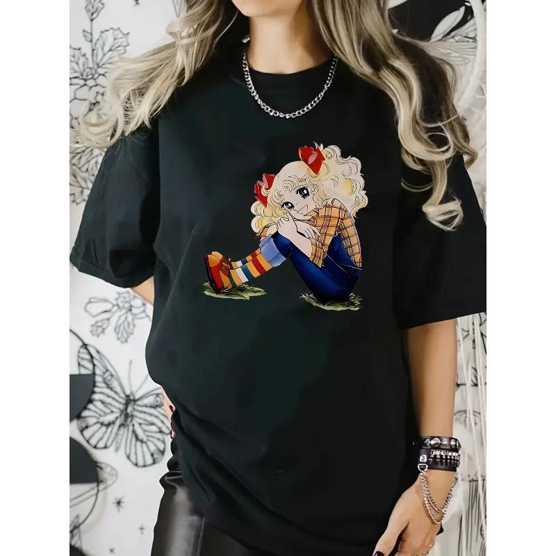 

Women s Cartoon Graphic T-Shirt Round Neck Short Sleeve Casual Summer Trendy Tee 4XL чорний
