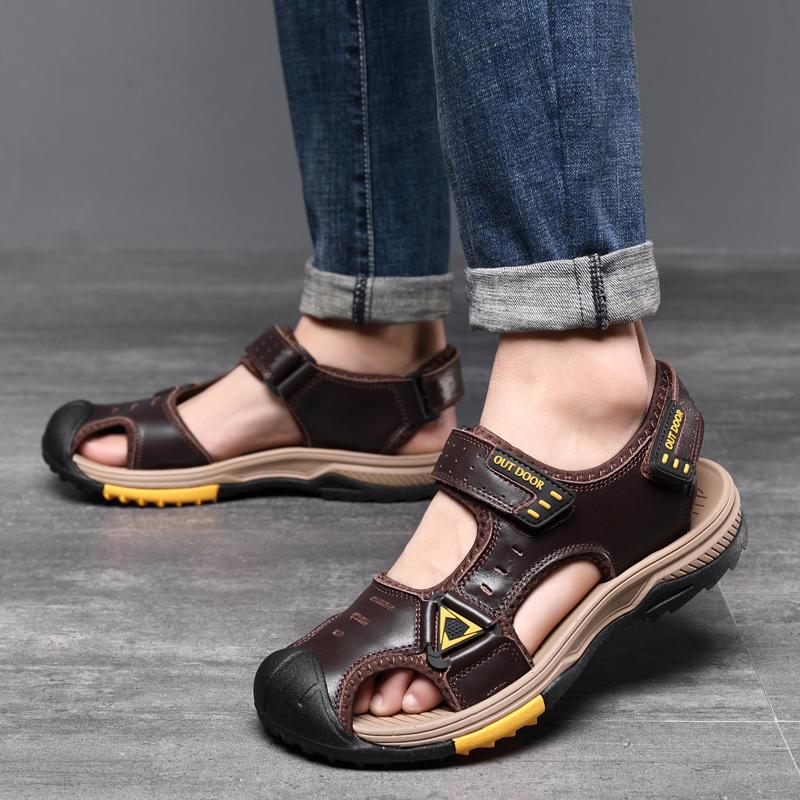 Fashion Fashion Mens Sandals Summer Breathable Genuine Leather Casual Walking Shoes Moccasins Comfy Non-Slip Slip On Handmade Sandals