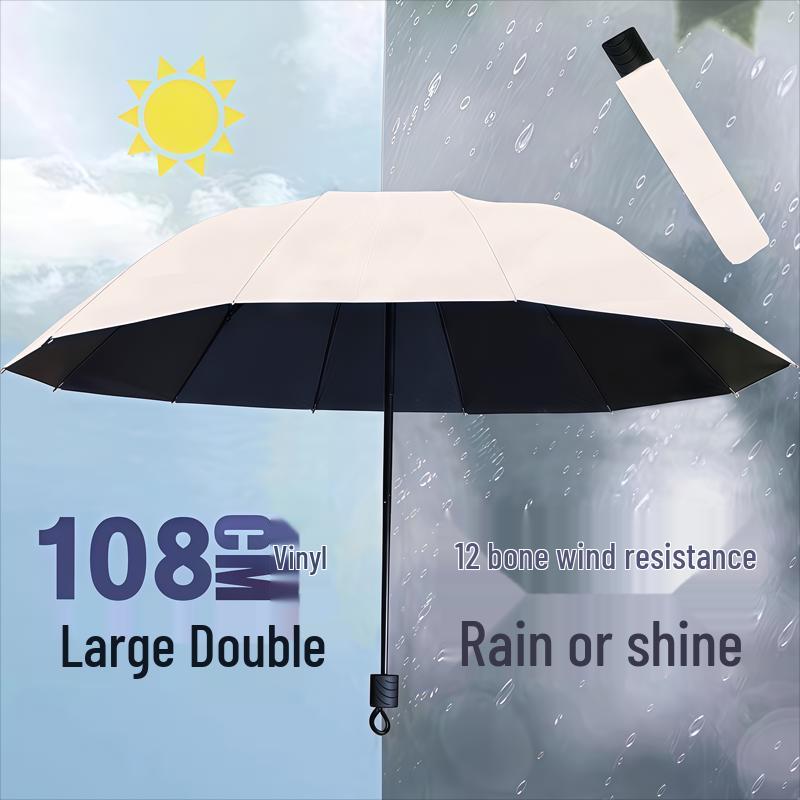 Large Dual-Use Umbrella for Sun and Rain, Manual Folding, Reinforced for Two, Black Glue Sunscreen, Suitable for Men and Women