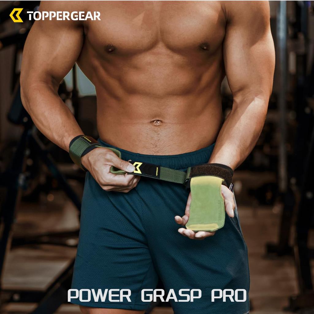 TOPPERGEAR Power Grips, Genuine Leather, Strength Training Grips, Suitable for Weightlifting and Rowing Exercises (Green, Medium Size)
