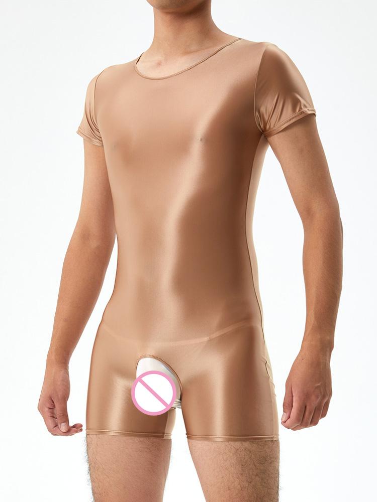Sexy Men Satin Oil Glossy Shiny Bodysuit Yoga Tights Elastic Shaping Leotard Crotchless Jumpsuit Candy Color Exotic Tops Plus