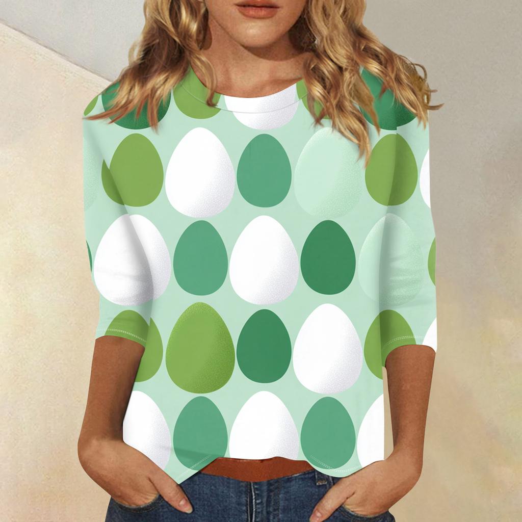 Women's Fashionable Casual Three-quarter Sleeve Easter Print Round Neck Pullover Top