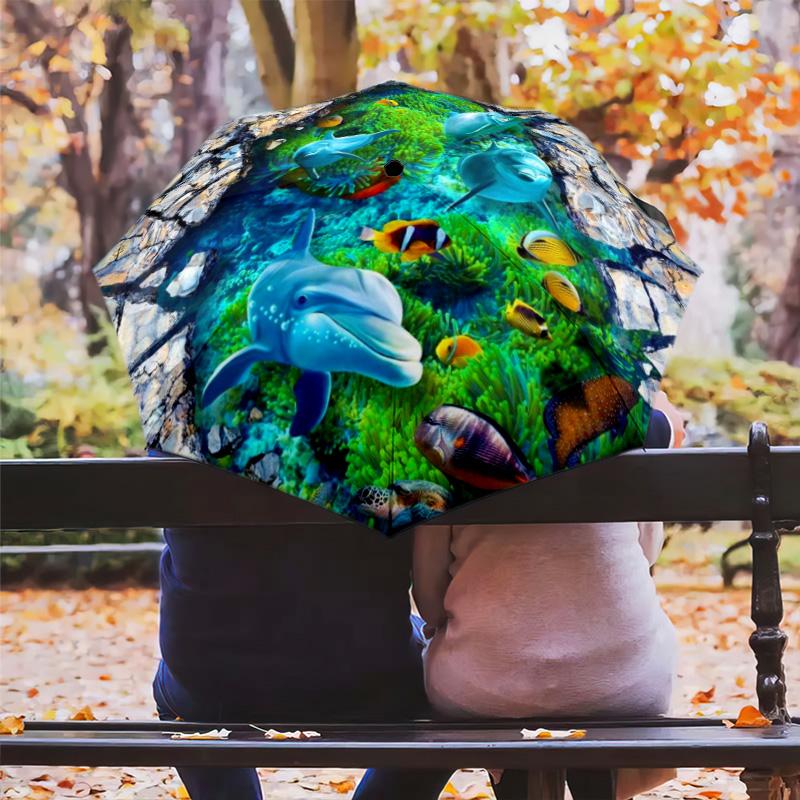 Vibrant 3D Ocean Life Folding Umbrella Travel Umbrella Travel Sun Umbrella Three Folds