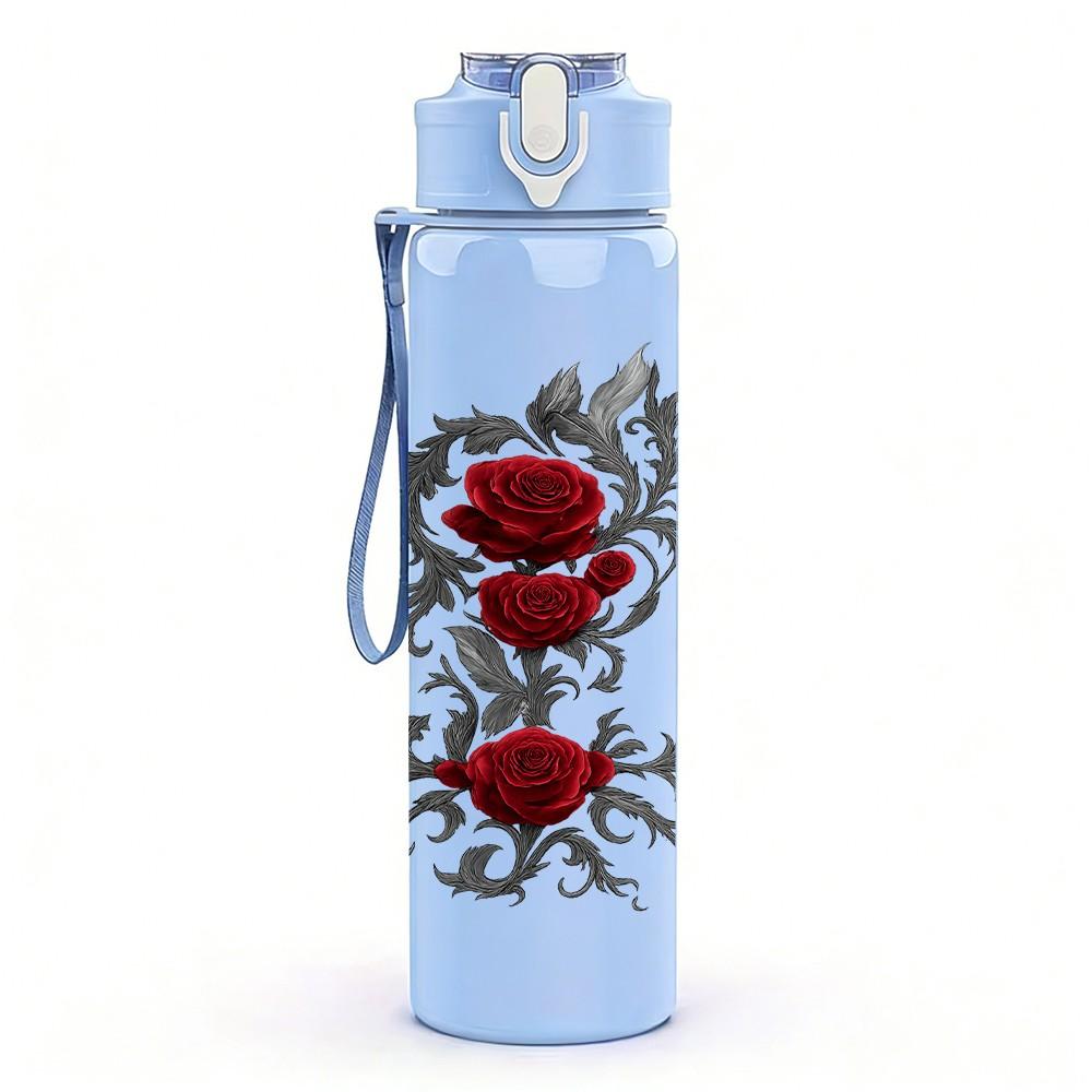 1PC Red Rose Dark Vintage Art Print 750ml Color Plastic Sports Water Bottle Leakproof Flip Straw Lid Suitable for Sports Office Home Use