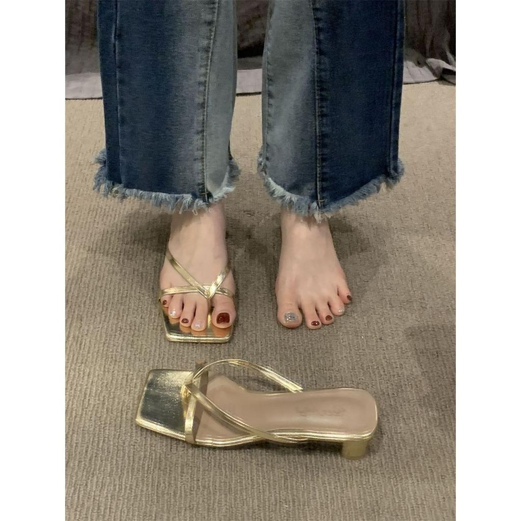 French slippers outer wear women 2025 new thick heel square toe silver Roman fairy wind sandals ins