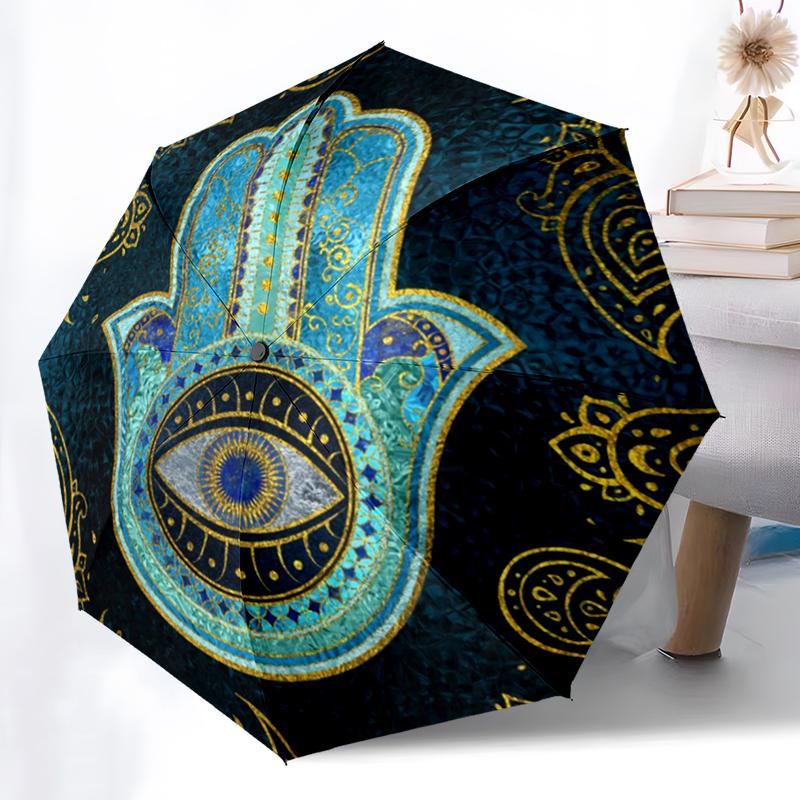 1PC Turkish Devil's Eye Folding Umbrella Auto-Open Design 8 Iron Ribs Plastic Handle Foldable Sunshade Perfect Christmas Gifts