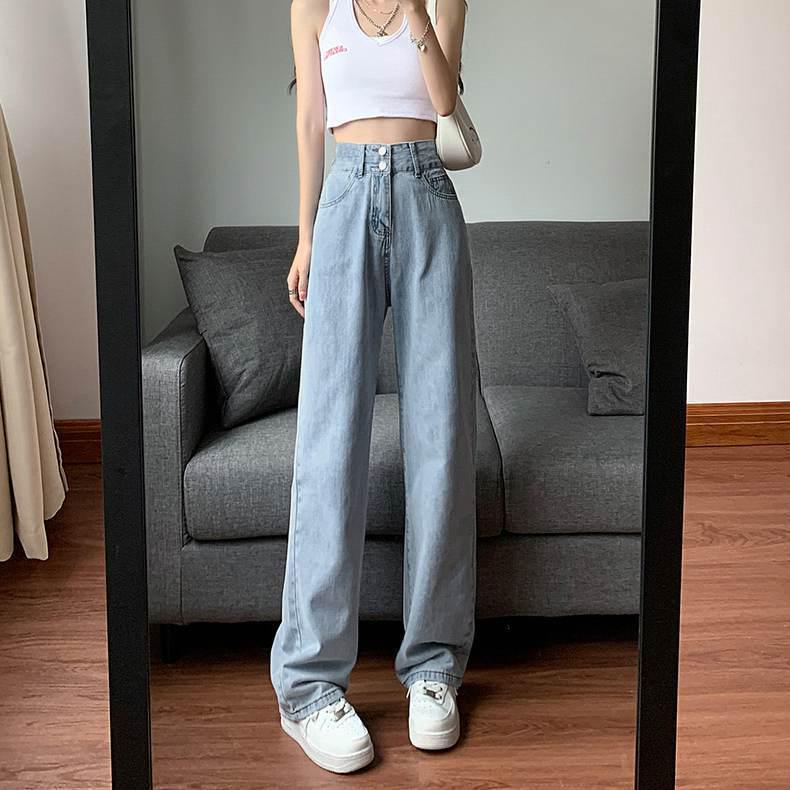Women's High-Waisted Light Blue Wide-Leg Denim Pants, Spring/Autumn 2023 Collection