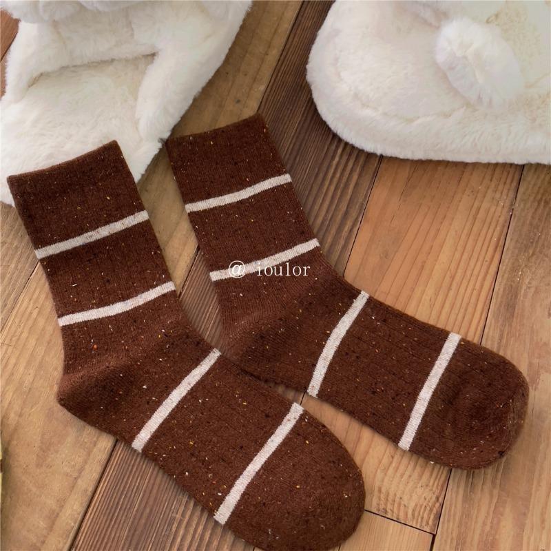 Ladies Autumn Winter Thick Striped Wool Medium Tube Pile Socks
