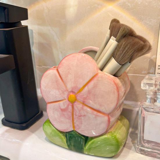 Ceramic Flower Pen Holder Cute Desk Office Storage Box Stationery Shelf Multifunctional Aesthetic Desktop Organizer for Makeup Tools Rulers Brushes
