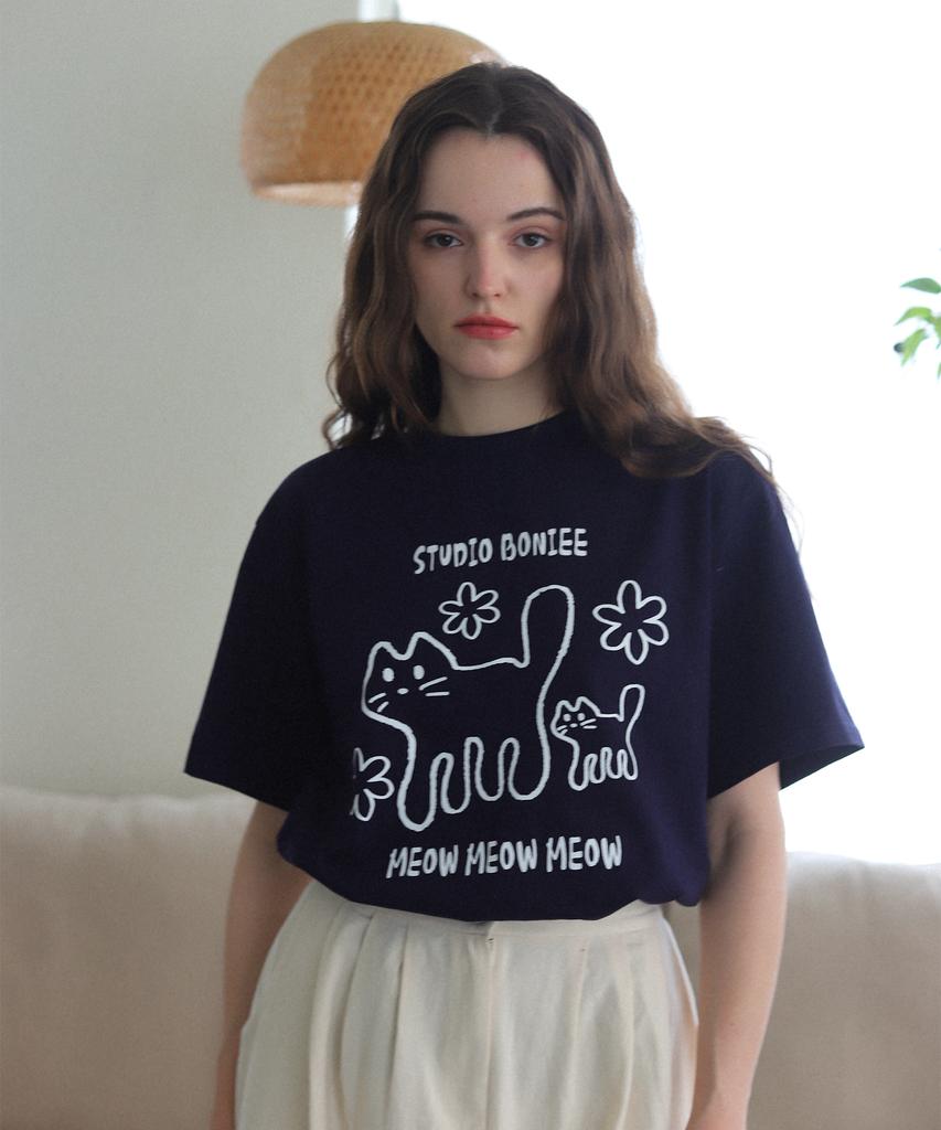 BONIEE Meow Cat Kitten Graphic Loose Oversized T-Shirt Navy