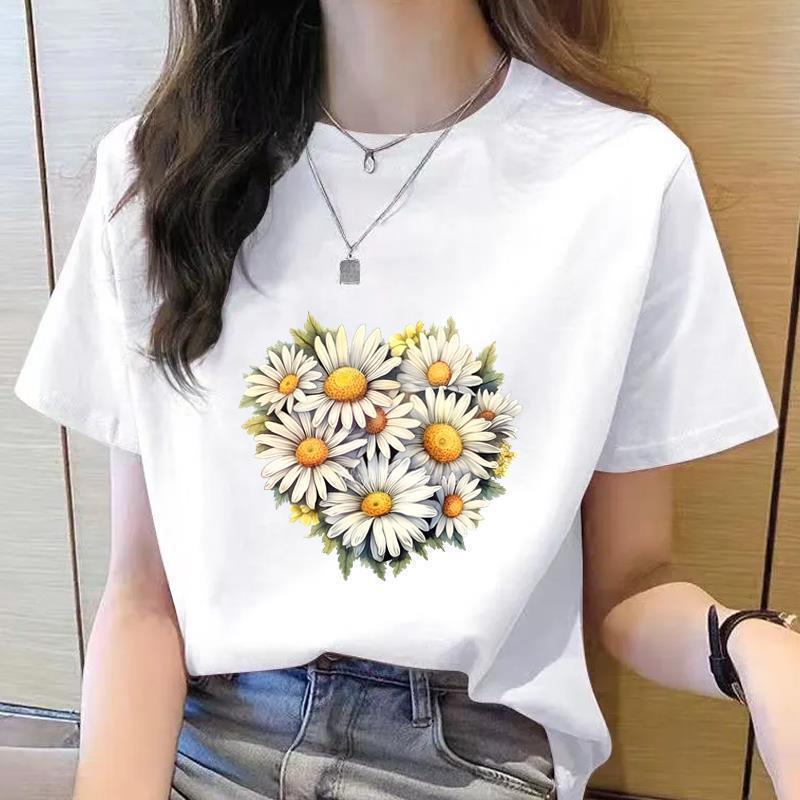Korean Style Women's Floral Printed Short Sleeve T-Shirt, Round Neck, Casual Fashion for Youth