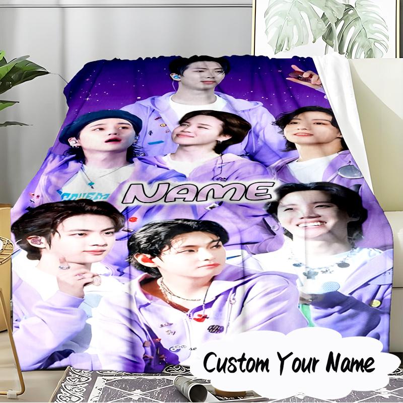Custom Name Colorful Cartoon K-pop Characters Blanket  Ideal Bedding Blanket Perfect for Travel, Camping, Living Rooms,Sofas, Fan Christmas gift