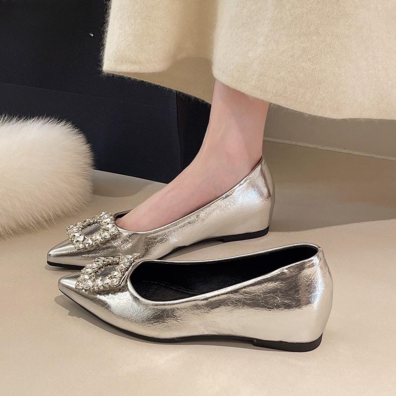 Fashion Inside Heightened Single Shoes Women's Fashion Pointed Toe Shallow Slip Rhinestone Square Button Soft Sole Low Heel Shoes