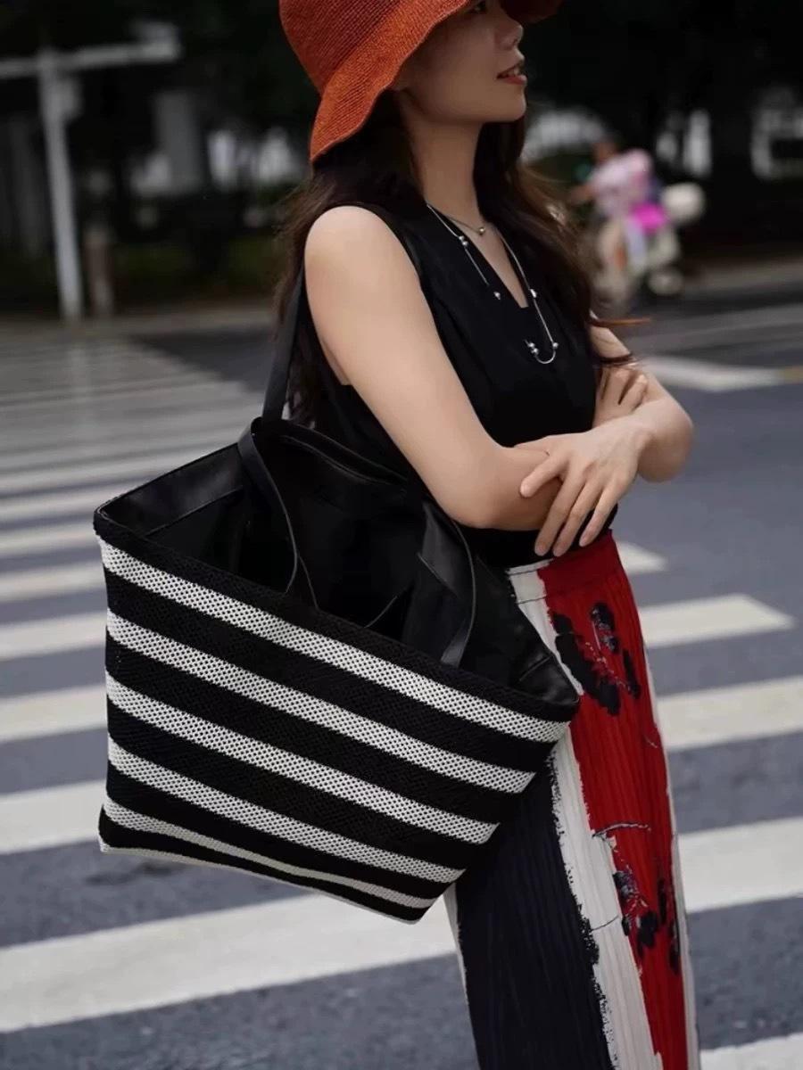 

High End Black and White Striped Tote Bag Woven Large Capacity Single Shoulder Women s Bag Lazy Style Lightweight Vacation Bag Shopping Bag
