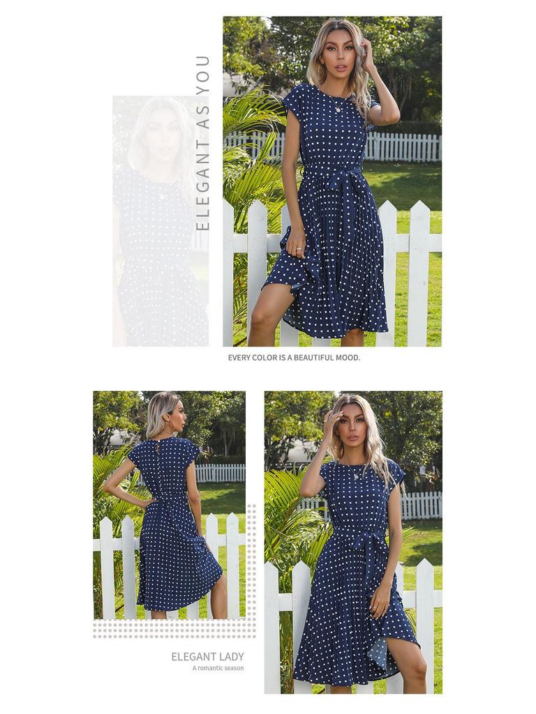 2026 Summer Polka Dot Pleated Lace-up Dress - Mid-length Casual Short-sleeved Style for European and American Markets