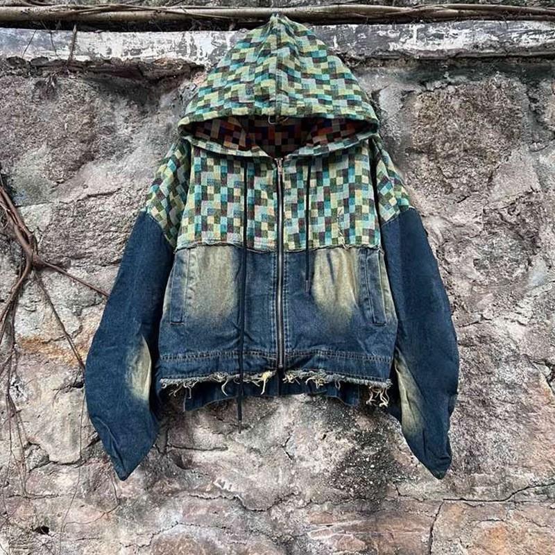 Womens Vintage Print Denim Jacket Baggy Pants Set Streetwear 2-Piece
