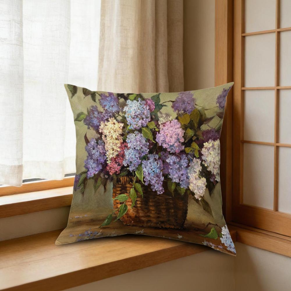 1pc Vintage Purple Blue Hydrangea Basket Print Cushion Cover for Sofa Bed Living Room Soft Breathable Fabric
