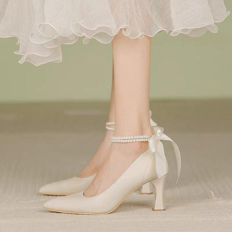 

High heels women s thick heels new thin pointed pearl buckle women s shoes bridesmaid wedding shoes 34