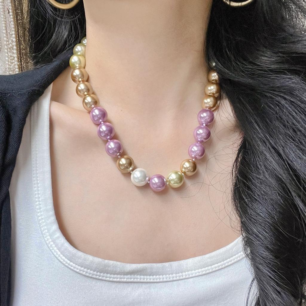 14Mm Haute Couture High Quality Vintage Contrasting Color Spring Purple Faux Crystal Pearl Necklace Collarbone Chain