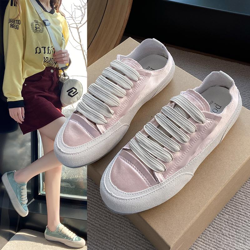 2024 Spring Autumn Flat Bottom White Silk Spanish Niche Canva Women's Single Shoes Sport Casual Shoes Rubber Materia