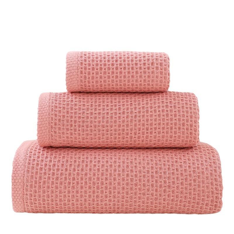 

Набір вафельних рушників з чистої бавовни з трьох предметів, збільшений банний рушник, уся бавовна з подарунковим набором для рук 3pcs цукерки рожевий колір