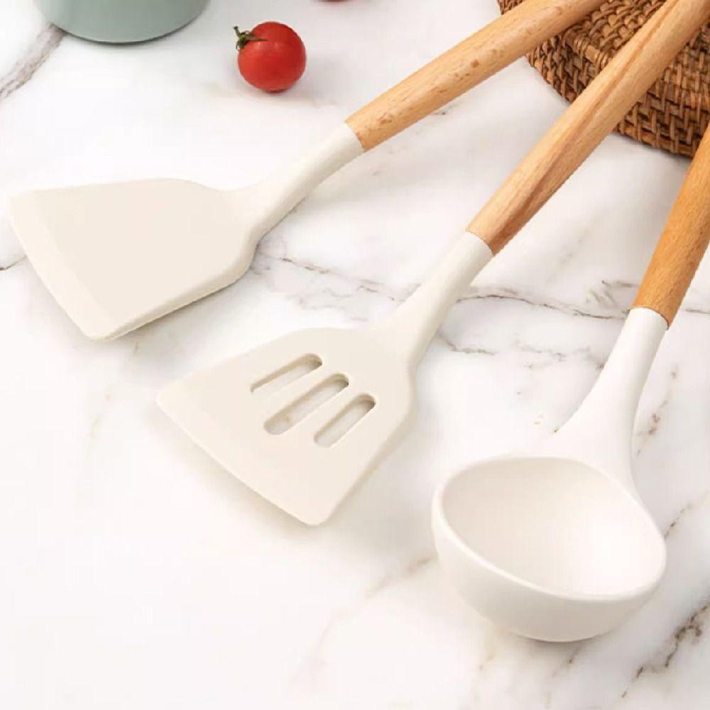 3Pcs Wooden Handle Silicone Spoon Shovel Heat Resistant Pot Spatula Set  Home Cooking