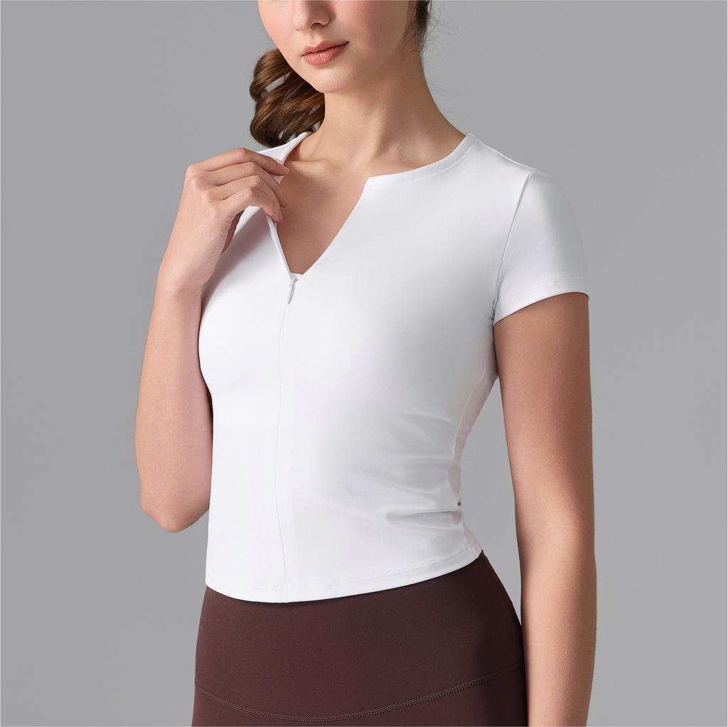 Naked Slimming Yoga Short Sleeve Waist Sports Crew Neck T-Shirt Half Zipper V-Neck Fitness Tights
