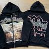 Unisex Rhinestone Zipper Hooded Cardigan & Sweatpants Set with Letter Print.