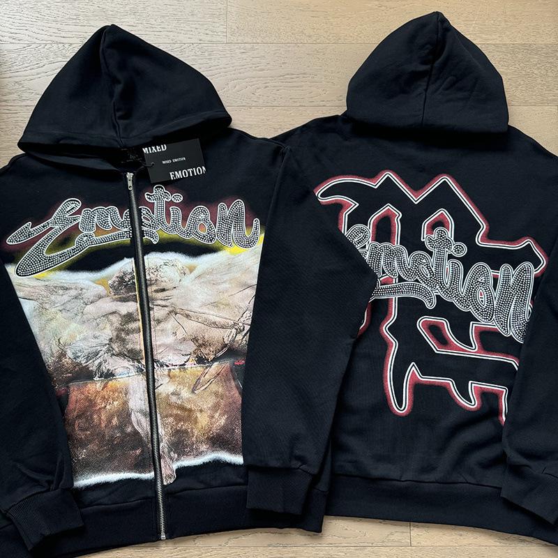 Unisex Rhinestone Zipper Hooded Cardigan & Sweatpants Set with Letter Print.