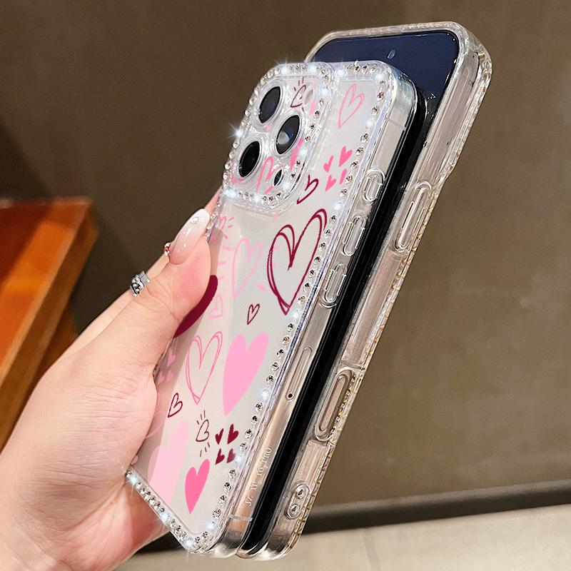 Pink Hearts Eye Pattern Diamond Case For iPhone 17 Pro Max Funda iPhone 16 Pro Max 15 14 13 11 Clear TPU Silicone Soft Cover