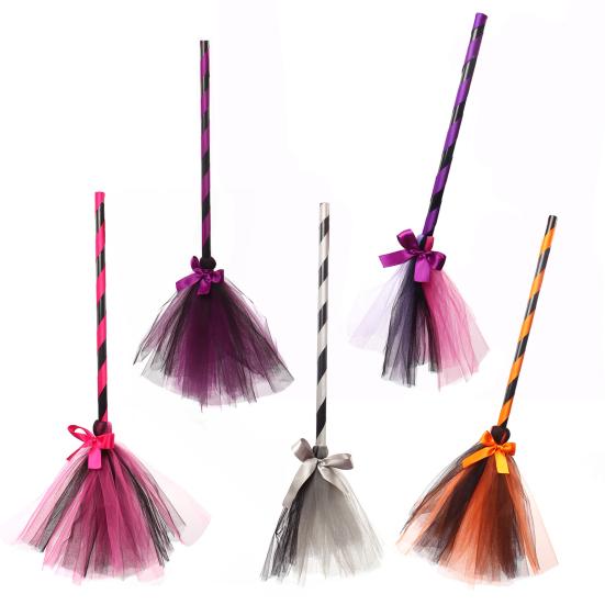Net Yarn Bowknot Decor Cosplay Decorative Halloween Witch Broom Costume Party Halloween Plastic Broom Props Party Supplies