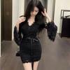 Pure desire sexy V-neck lace splicing horn sleeve inside with hip skirt temperament slim and thin autumn and winter dress women