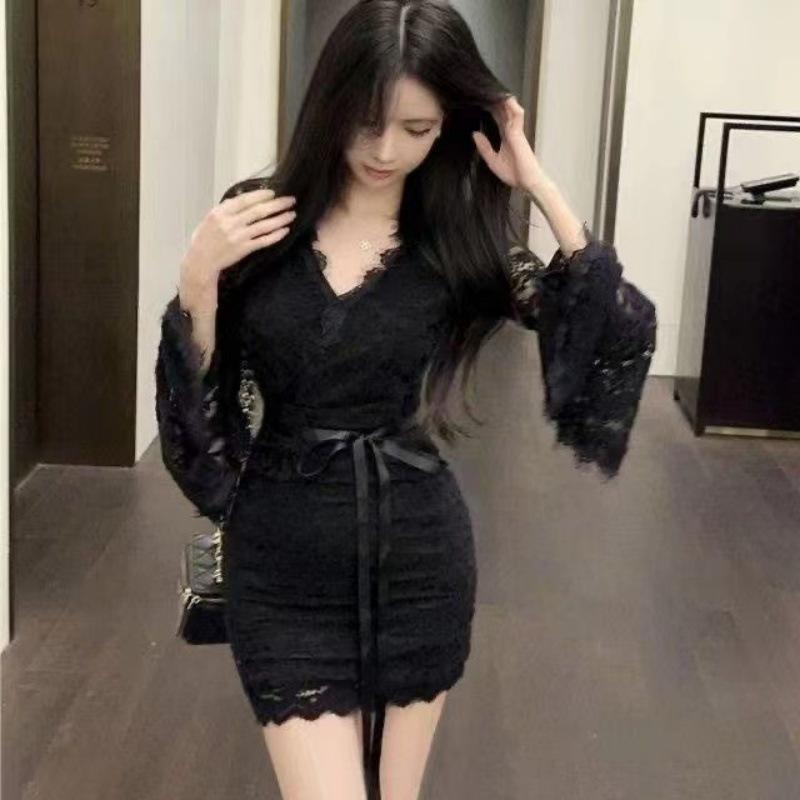 Pure desire sexy V-neck lace splicing horn sleeve inside with hip skirt temperament slim and thin autumn and winter dress women