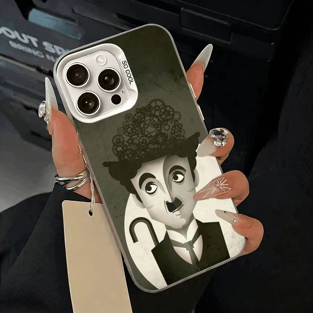 C-Charlie Chaplin Phone Case For iPhone 11 12 13 14 15 16Pro Max Plus white Sliver  Phone Cover