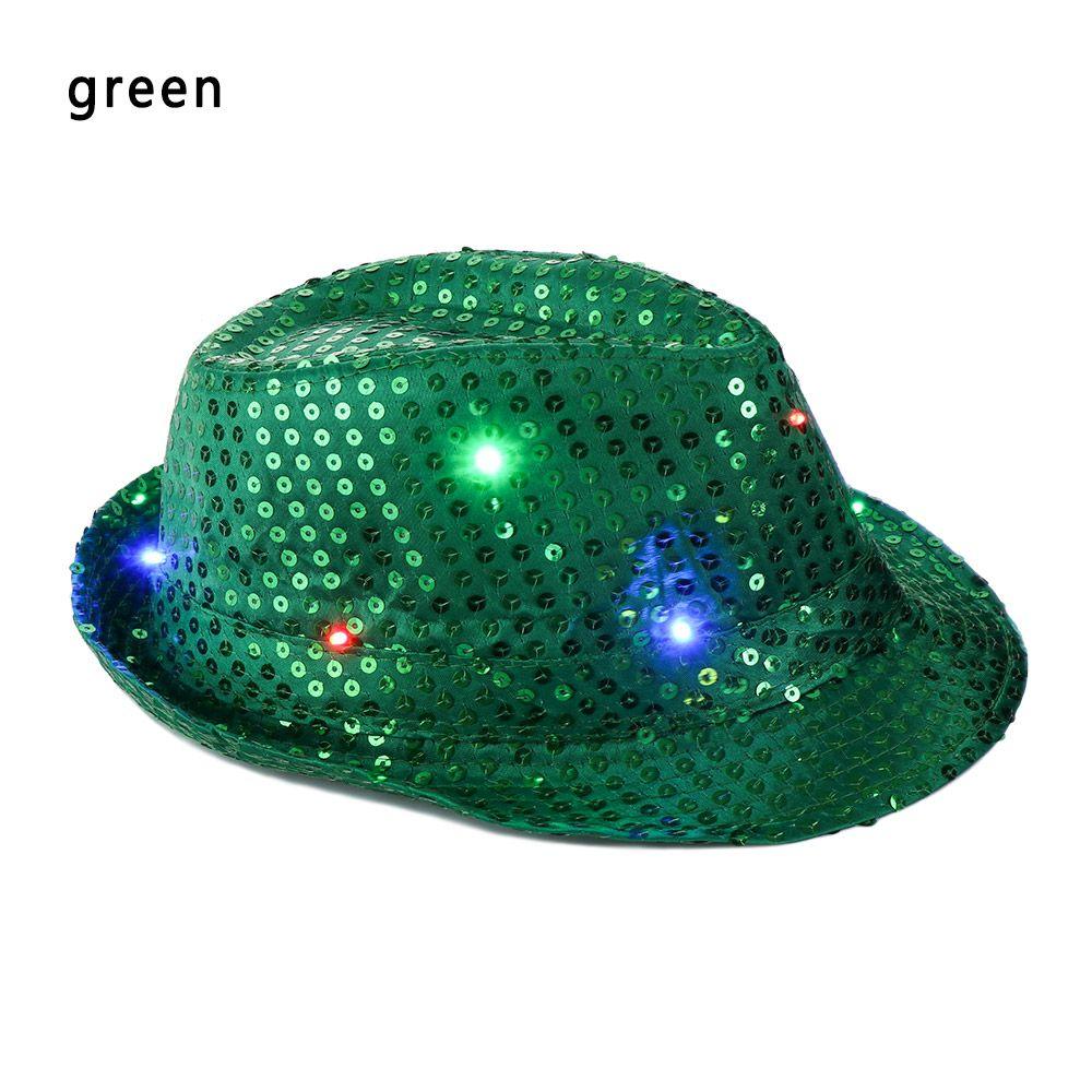 

Stage Performance Dress Dance Party Light Up Led Fedora Trilby Jazz Hat Panama Cap Sequin зелёный