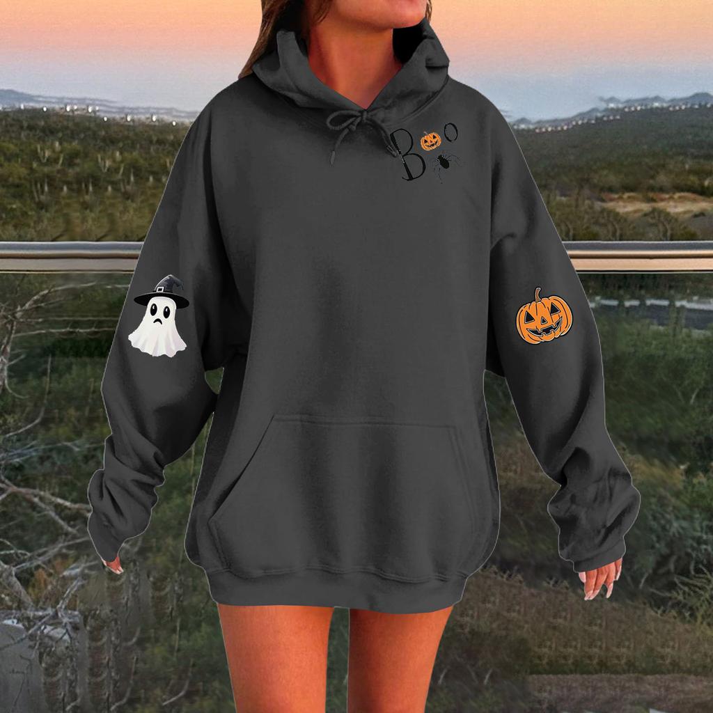 Women's Solid Color Long Sleeve Casual Halloween Print Pullover Hooded Sweatshirt