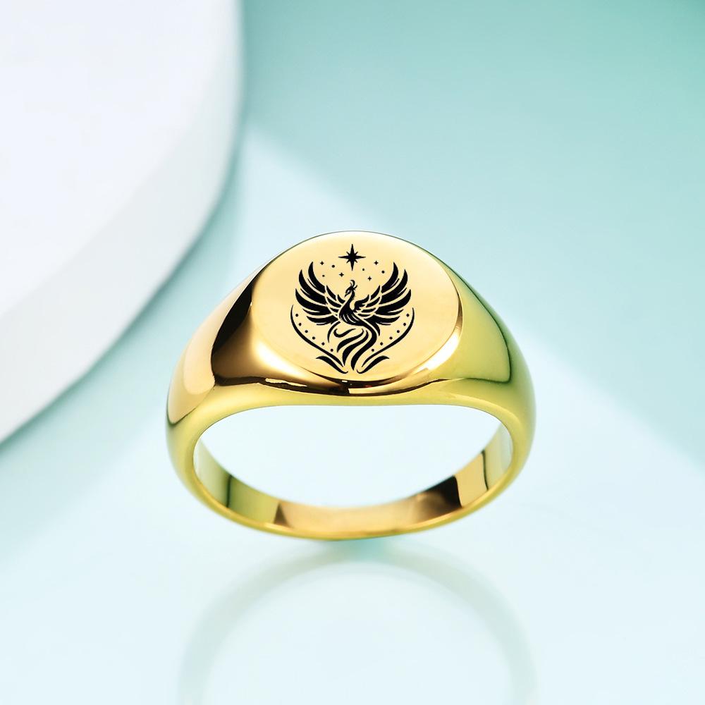 Stainless Steel Mirror Finish 12MM 18K Gold Engraved Phoenix Women's Ring
