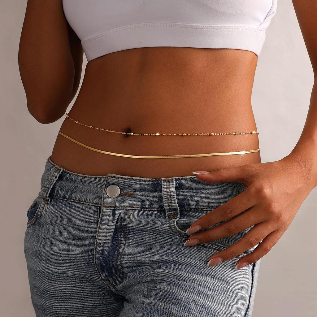 14K Gold Plated Waist Chain for Women - Gold Belly Body Chain Layered Waist Beads Chain Belt Beach Summer Jewelry Accessories for Women