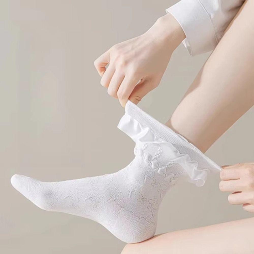 Breathable Lolita Stockings Black White JK Mid-calf Socks Lace-trimmed Stockings For Women Girls