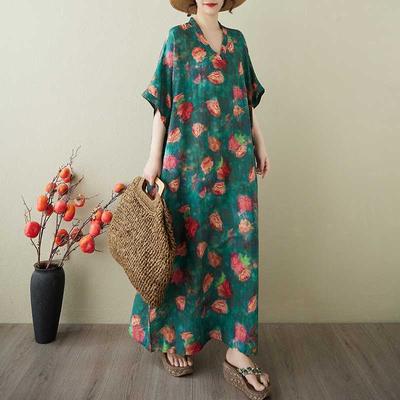 Vestido Largo Vintage para Mujer con Estampados de Algodón y Lino